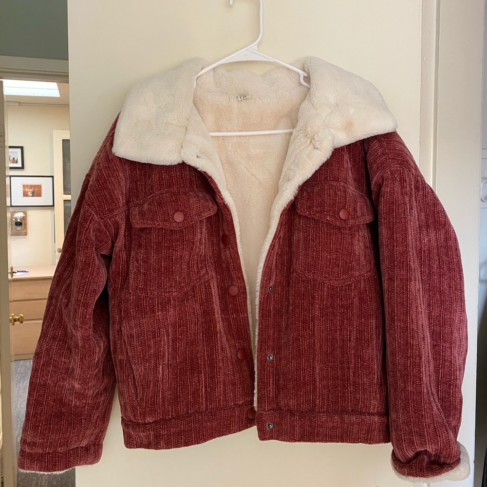 Burnt pink corduroy jacket w/ soft Sherpa lining